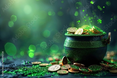 Happy St Patrick`s Day concept with cauldron of gold coins and Green beer pint. Patricks day shamrock clover, golden coins and green shamrock clover
