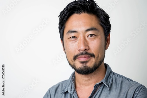 Rugged portrait of an Asian man with a beard, white background