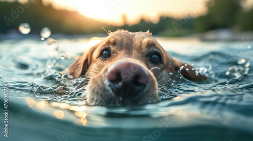 dog swimming in a lake, summer splash photo