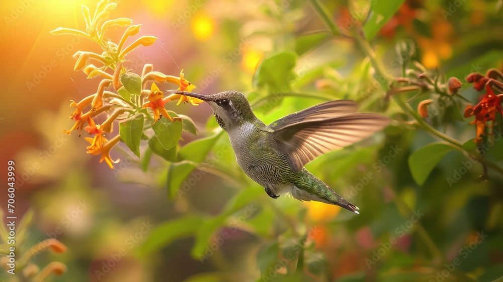 Obraz premium hummingbird sipping nectar, rapid motion, summer 