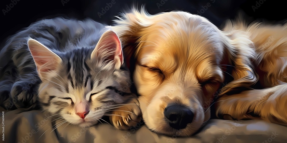 Cute Golden Retriever puppy and tabby kitten sleeping together, Generative AI illustrations. Cute Golden Retriever puppy and tabby kitten sleeping together, Generative AI illustrations.