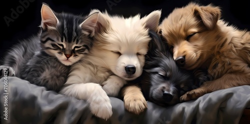 A group of pets lying in a bed on a black background, Generative AI illustrations. photo
