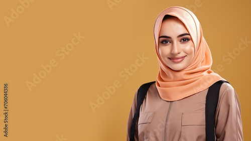 Arab hijab woman in postal officer uniform isolated on pastel background