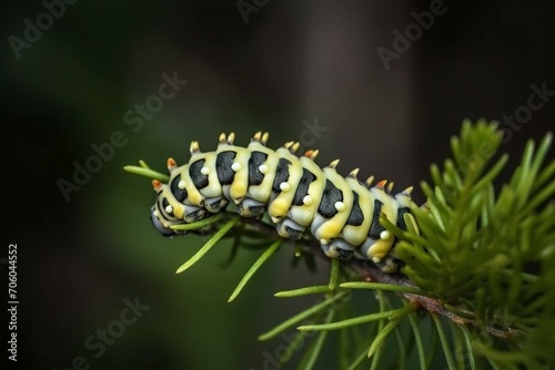 A caterpillar of a butterfly, Papilio machaon, on a plant in a forest on a sunny day. Generative AI © Meliora