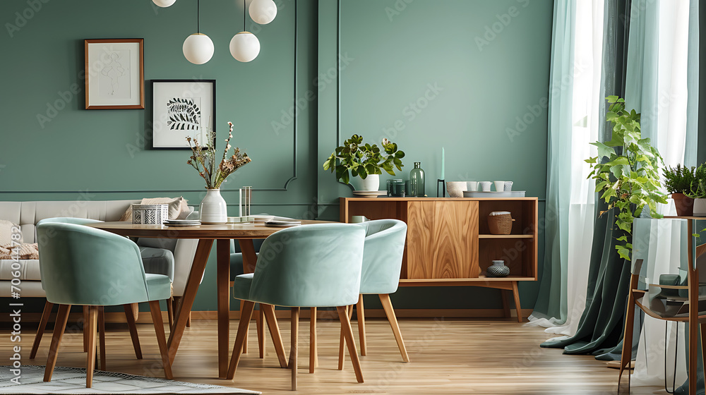 Mint color chairs at round wooden dining table in room with sofa and cabinet near green wall. Scandinavian, mid-century home interior design of modern living room Mint color chairs at round wooden dining table in room with sofa and cabinet near green wall. Scandinavian, mid-century home interior design of modern living room