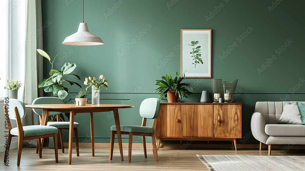 © Alin - Mint color chairs at round wooden dining table in room with sofa and cabinet near green wall. Scandinavian, mid-century home interior design of modern living room