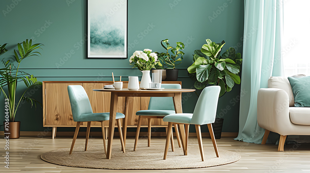 Mint color chairs at round wooden dining table in room with sofa and cabinet near green wall. Scandinavian, mid-century home interior design of modern living room