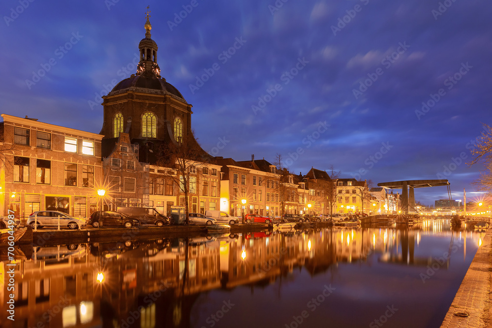 Leiden Oude Vest canal with Marekerk church and Marebrug bridge, South Holland, Netherlands