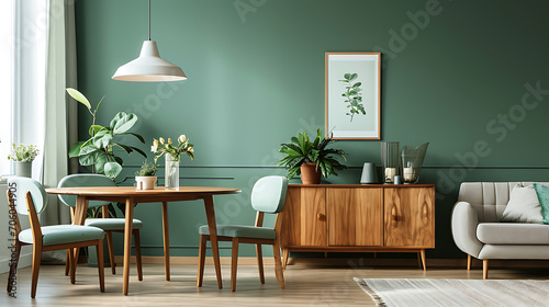 Mint color chairs at round wooden dining table in room with sofa and cabinet near green wall. Scandinavian, mid-century home interior design of modern living room