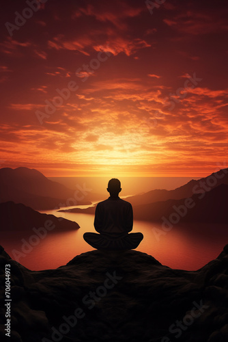 Silhouette of a person meditating in the sunset, sunrise doing yoga
