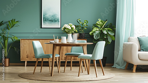 Mint color chairs at round wooden dining table in room with sofa and cabinet near green wall. Scandinavian  mid-century home interior design of modern living room