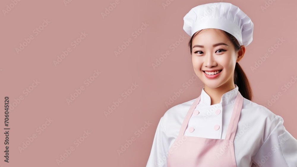 Asian woman in chef uniform smile isolated on pastel background