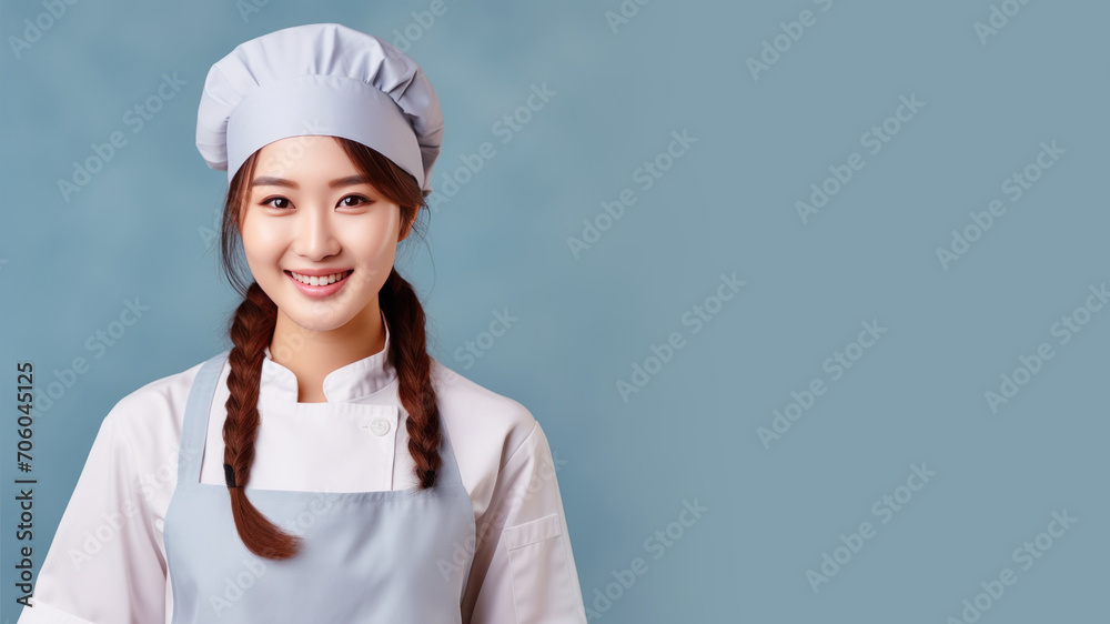 Asian woman in chef uniform smile isolated on pastel background Asian woman in chef uniform smile isolated on pastel background