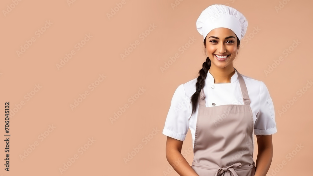 Indian woman in chef uniform smiling isolated on pastel background