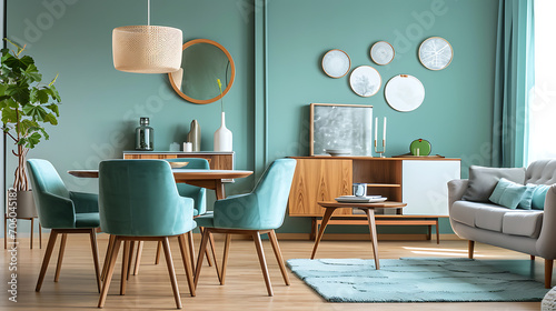 Mint color chairs at round wooden dining table in room with sofa and cabinet near green wall. Scandinavian  mid-century home interior design of modern living room