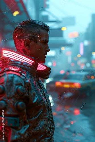 A portrait of a man with glowing red and pink neon lights. 