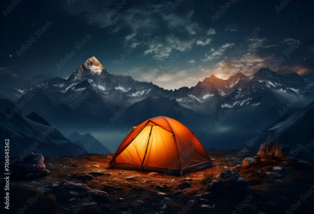 Tent against the backdrop of snow-capped mountains under the starry sky, travel and adventure
