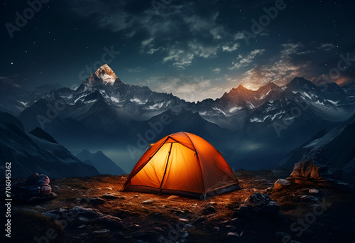 Tent against the backdrop of snow-capped mountains under the starry sky, travel and adventure"