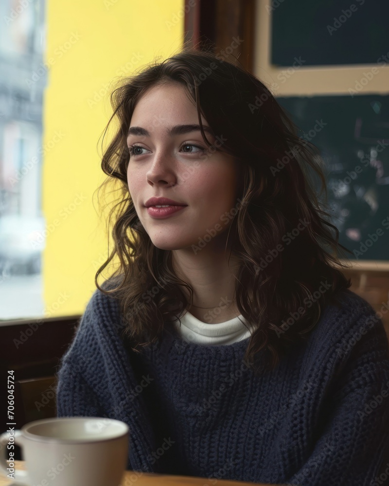 Serene Young Woman Enjoying a Warm Beverage in a Cozy Cafe. Generative AI. Serene Young Woman Enjoying a Warm Beverage in a Cozy Cafe. Generative AI.