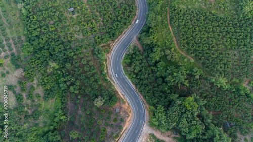 Aerial view of the road cutting through the agriculture field in rural area of Chiang Rai province of Thailand. photo