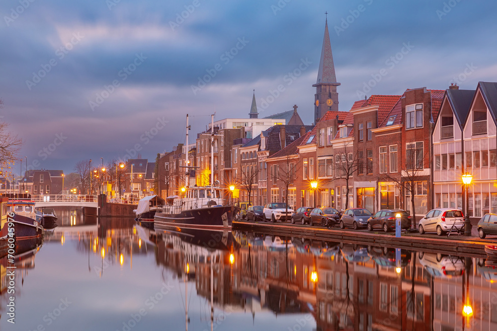 Typical Leiden canal at night, South Holland, Netherlands