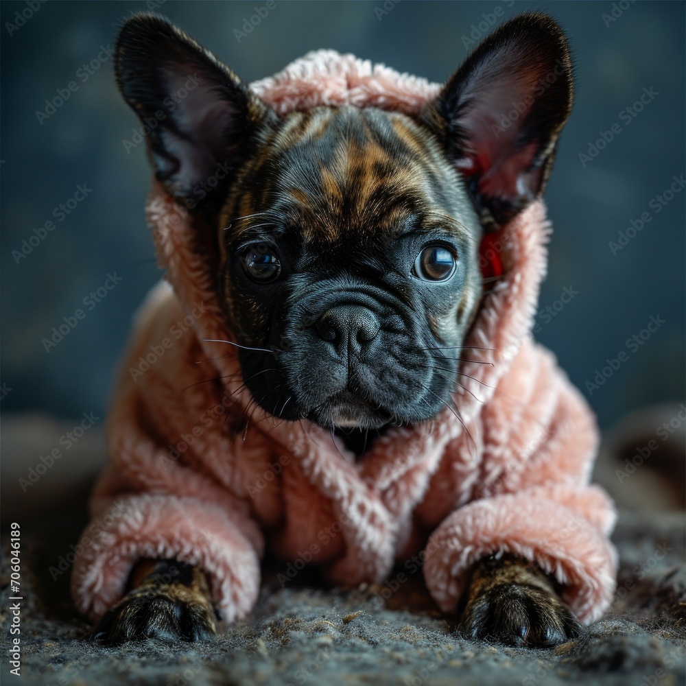 A cute dog wearing a pink robe with hood. 