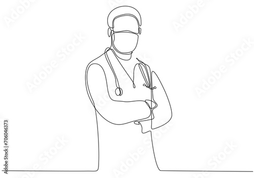 Continuous line drawing of male doctor with stethoscope. One line art of health care concept. Vector illustration.