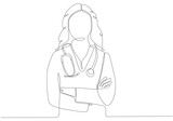 Continuous line drawing of female doctor with stethoscope. One line art of health care concept. Vector illustration.