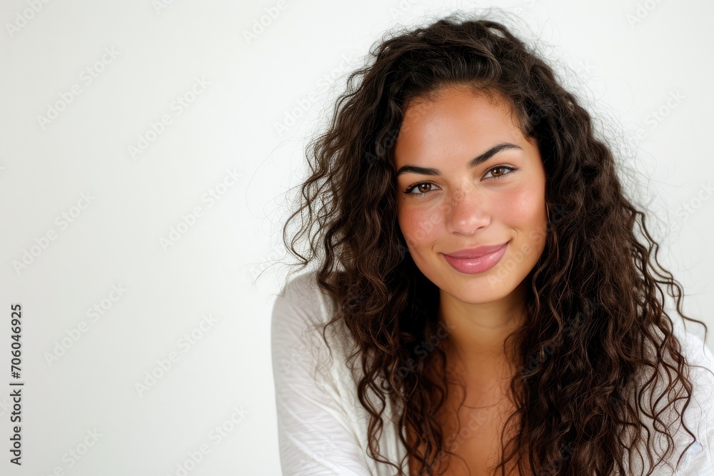 Youthful portrait of a Latino woman, fresh and energetic, white background Youthful portrait of a Latino woman, fresh and energetic, white background