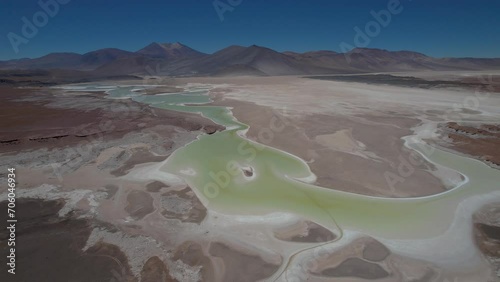 Beautiful aerial footage of the Atacama - Calama - Antofagasta Dessert and Salar - turquoise lagoon  photo