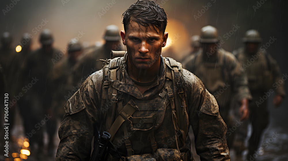 Portrait of a Soldier in a War Zone. Man in Battle Portrait of a Soldier in a War Zone. Man in Battle