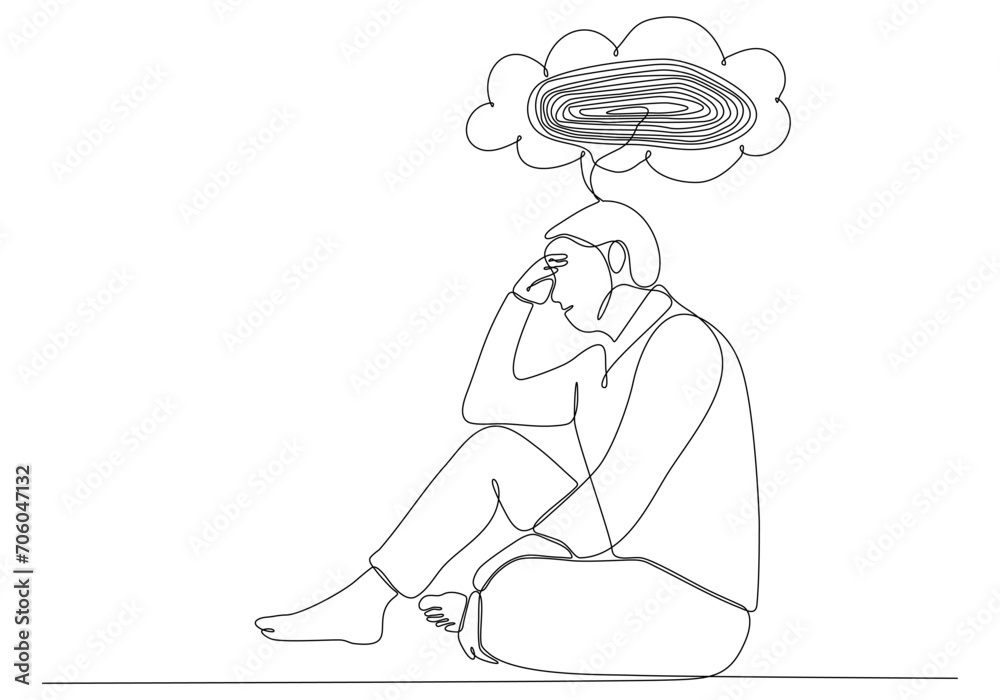 Continuous line drawing of young man feeling sad, and suffering from depression hand drawn vector illustration