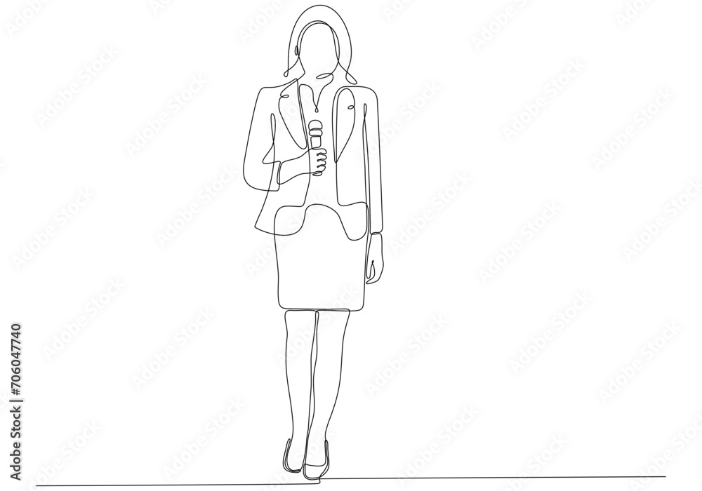Journalist woman drawing a single line. Beautiful female reporter holding microphone. Newscaster broadcasts news with a reporter. Modern continuous line drawing design vector graphic illustration