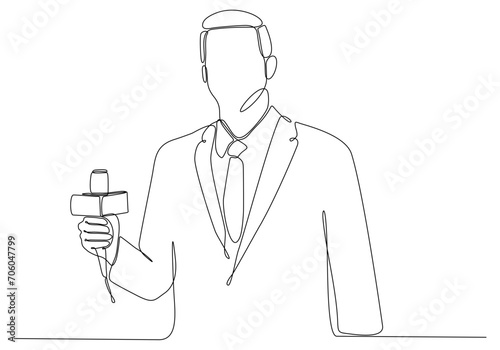 journalist man drawing a single line. Handsome male reporter holding microphone. Newscaster broadcasts news with a reporter. Modern continuous line drawing design vector graphic illustration