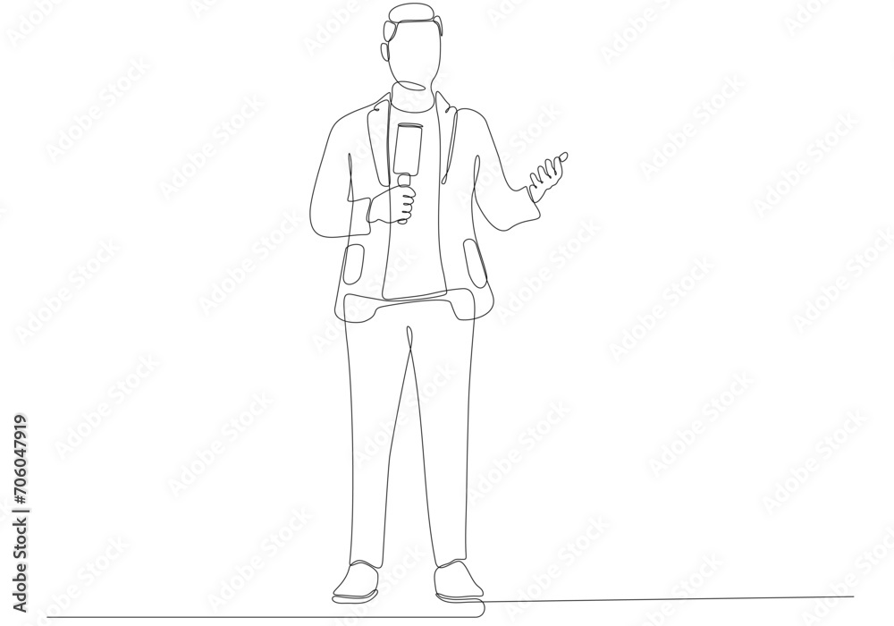 journalist man drawing a single line. Handsome male reporter holding microphone. Newscaster broadcasts news with a reporter. Modern continuous line drawing design vector graphic illustration journalist man drawing a single line. Handsome male reporter holding microphone. Newscaster broadcasts news with a reporter. Modern continuous line drawing design vector graphic illustration