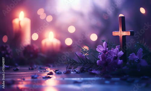 Blurred Background for Ash Wednesday, The first day of Lent. Greeting Postal Card. Wooden Cross, Light, Candles, Flowers, Purple Colors Faith and Jesus . AI Generated. Horizontal Space For Text photo