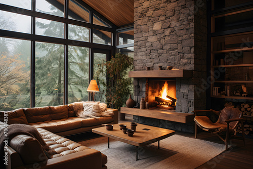 Modern Home Interior With Brown Couch And Fireplace with View of Forrest from Big Window