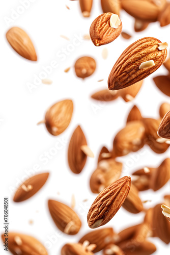 Flying almond nuts isolated on white background. Flying almonds close up.