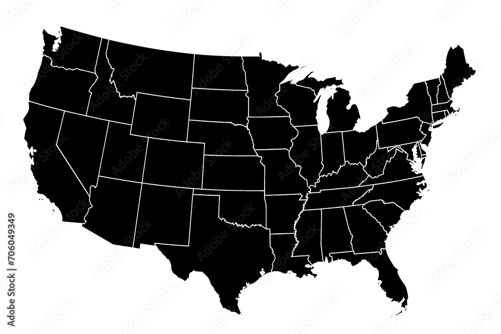 Black Silhouette of a USA map transparent on background.