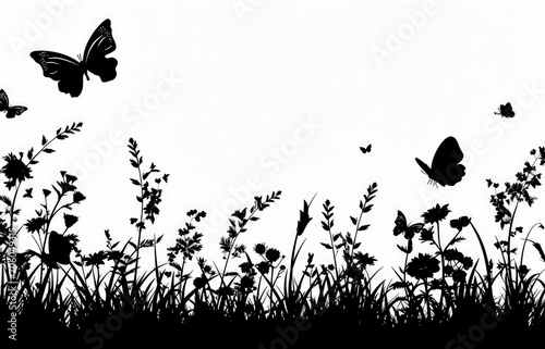 Black Silhouette of a meadow with flowers butterflies transparent on background.
