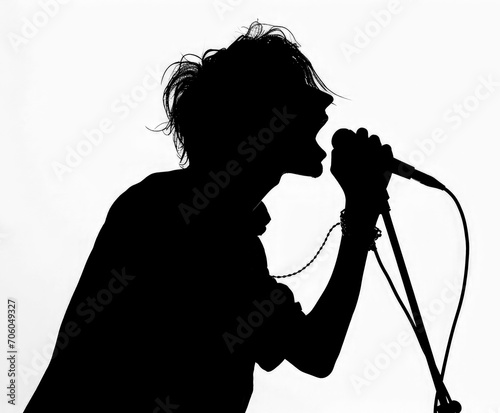 Black silhouette of a singer at a microphone transparent on background.