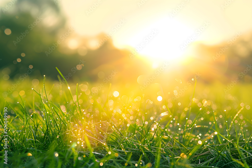 Morning dew on the green grass with sun rays. Nature background