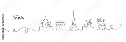 Continuous one line drawing of Paris skyline. French landmarks buildings and city architecture with Eiffel Tower in simple linear style. Editable stroke. Doodle outline vector illustration photo