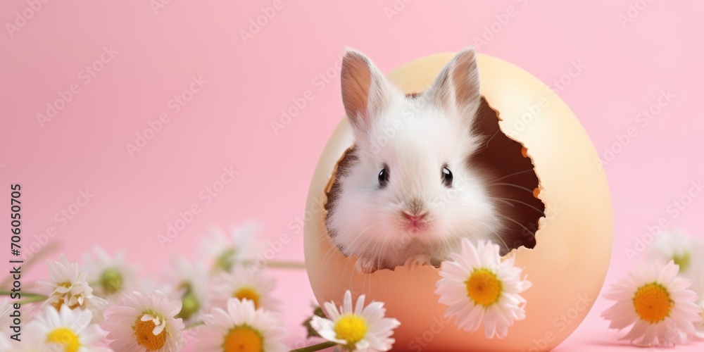 little cute Bunny in an Easter egg among daisies on a pink background little cute Bunny in an Easter egg among daisies on a pink background