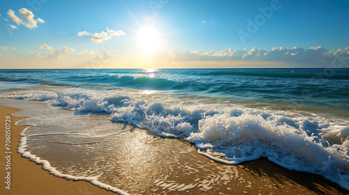 A idyllic view of the beach on a warm day: golden sand, drowning in the gentle waves of the blue o photo
