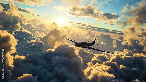 A picture of a aircraft surrounded by fluffy clouds, creating an impression of lightness and infin photo