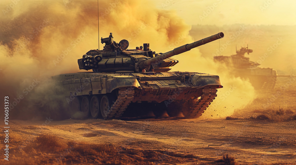 Powerful tanks in the ranks, raising clouds of dust during military exercises Powerful tanks in the ranks, raising clouds of dust during military exercises