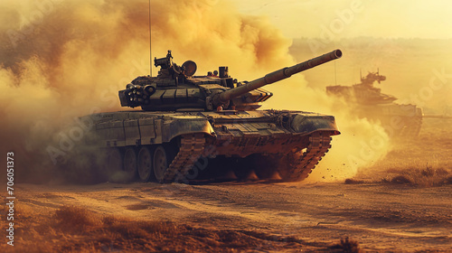 Powerful tanks in the ranks, raising clouds of dust during military exercises