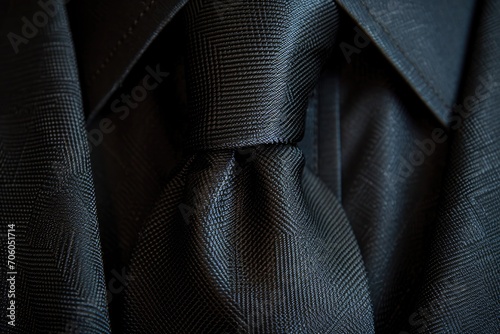 A black silk necktie against a dark suit fabric