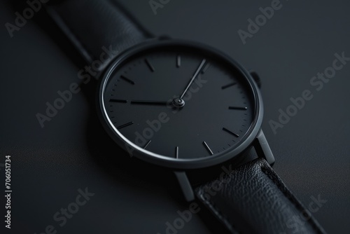 A minimalist black wristwatch on a dark background